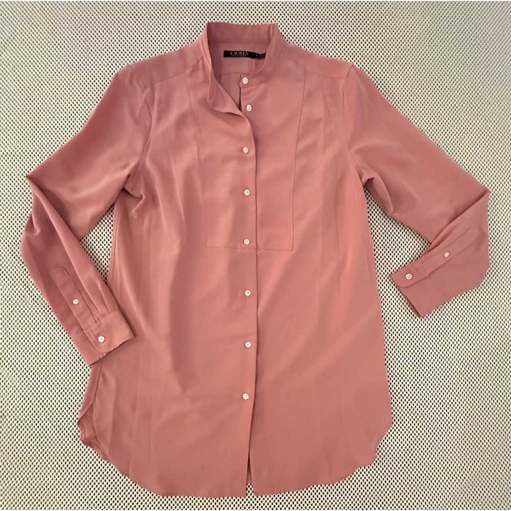 RALPH LAUREN Pink Blouse Women Sz M Button Front Tunic Career Office Top Shirt